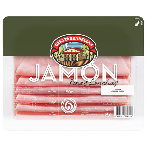 Jamón cocido de categoria extra cortado en finas lonchas CASA TARRADELLAS 150 g.