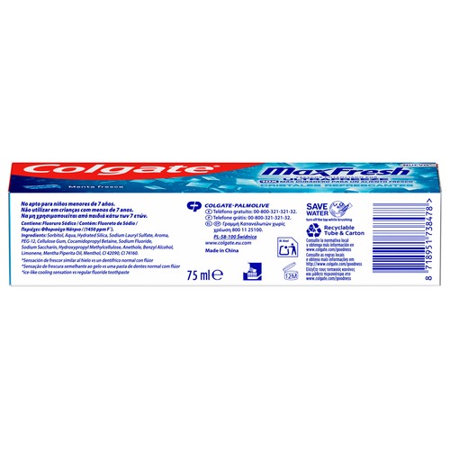 COLGATE Max fresh Pasta de dientes con flúor, cristales refrescante y sabor a menta fresca 75 ml.