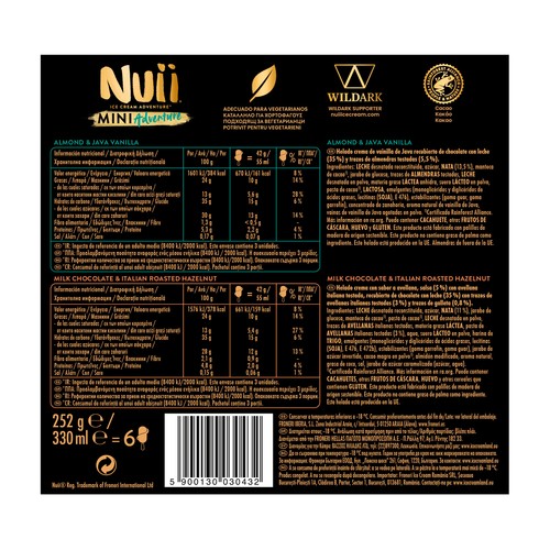 NUII Adventure Mini helados de vainilla de Java (3) y de avellana italiana (3), recubiertos de chocolate con leche 6 x 55 ml.