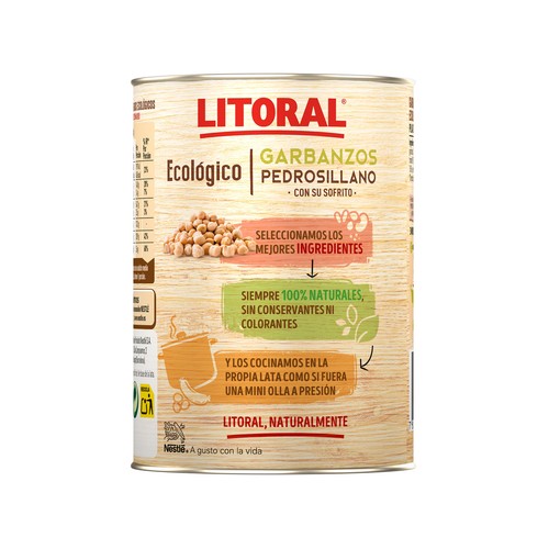 LITORAL ECOLÓGICO Garbanzos con sofrito, variedad Pedrosillano, ecológicos 425 g.