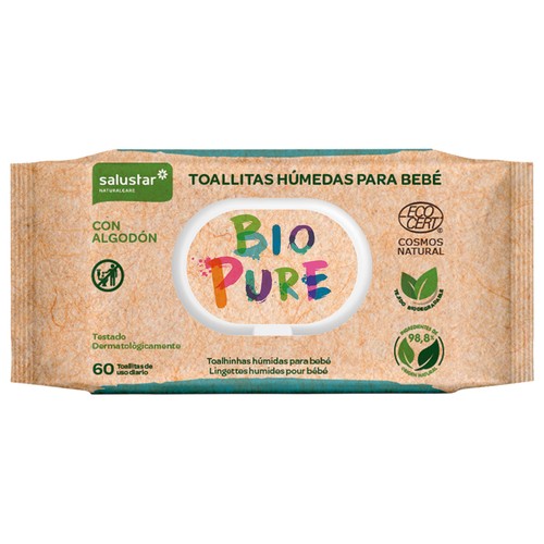 SALUSTAR Toallitas humedas para bebé, con algodón y dermatológicamente testadas SALUSTAR Bio pure 60 uds.