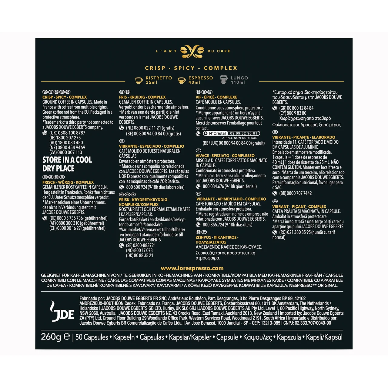 L"OR ESPRESSO Café ristretto intensidad 11 50 uds. 260 g.
