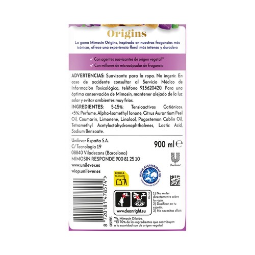 MIMOSIN Origins Suavizante concentrado con aroma a violeta campestre, 50 lavados.