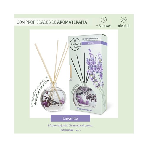 AMBAR Botanic Ambientador perfumador de varillas (Mikado), con efecto relajante y aroma a lavanda 75 ml.