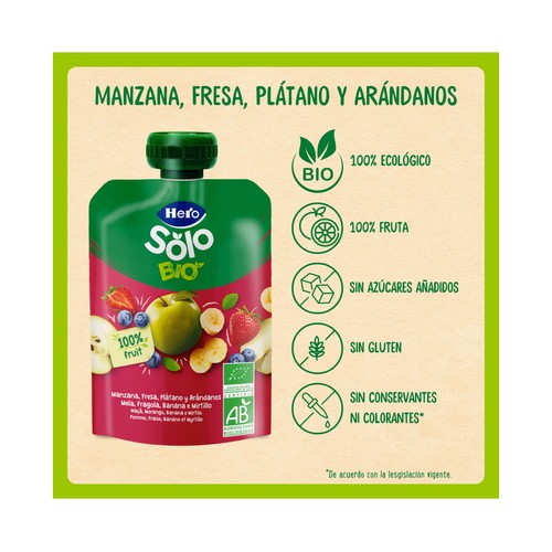 HERO Solo bio Bolsita de fruta (manzana, fresa, plátano y arándanos) ecológicas, a partir de 4 meses 100 g.