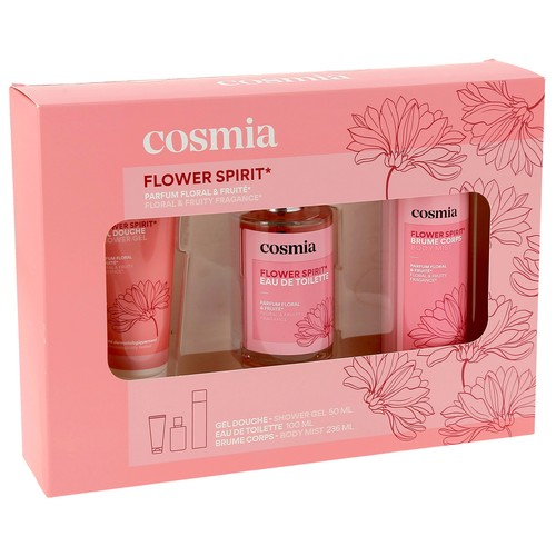 COSMIA Flower spirit Estuche para mujer con colonia (afrutada y floral), gel y bruma corporal.