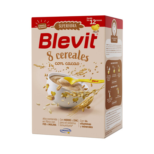 BLEVIT Superfibra Papilla de 8 cereales con cacao, a partir de 12 meses 500 g.
