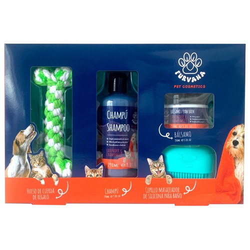 FURVANA Estuche para mascotas con champú+ bálsamo para patas+ cepillo + Juguete de cuerda