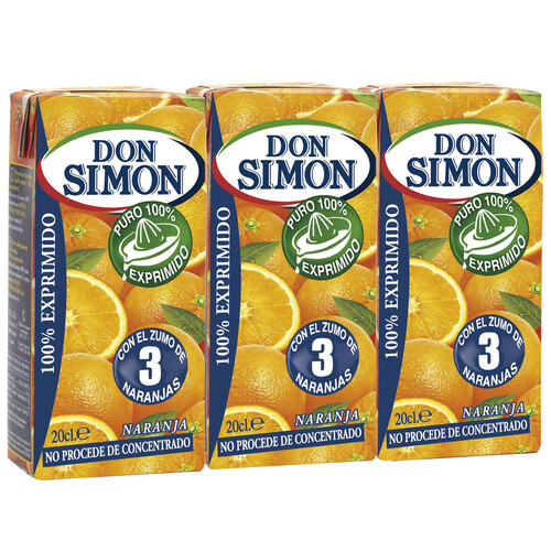 Zumo exprimido de naranja sin pulpa DON SIMON brick de 3 uds x 20 cl.