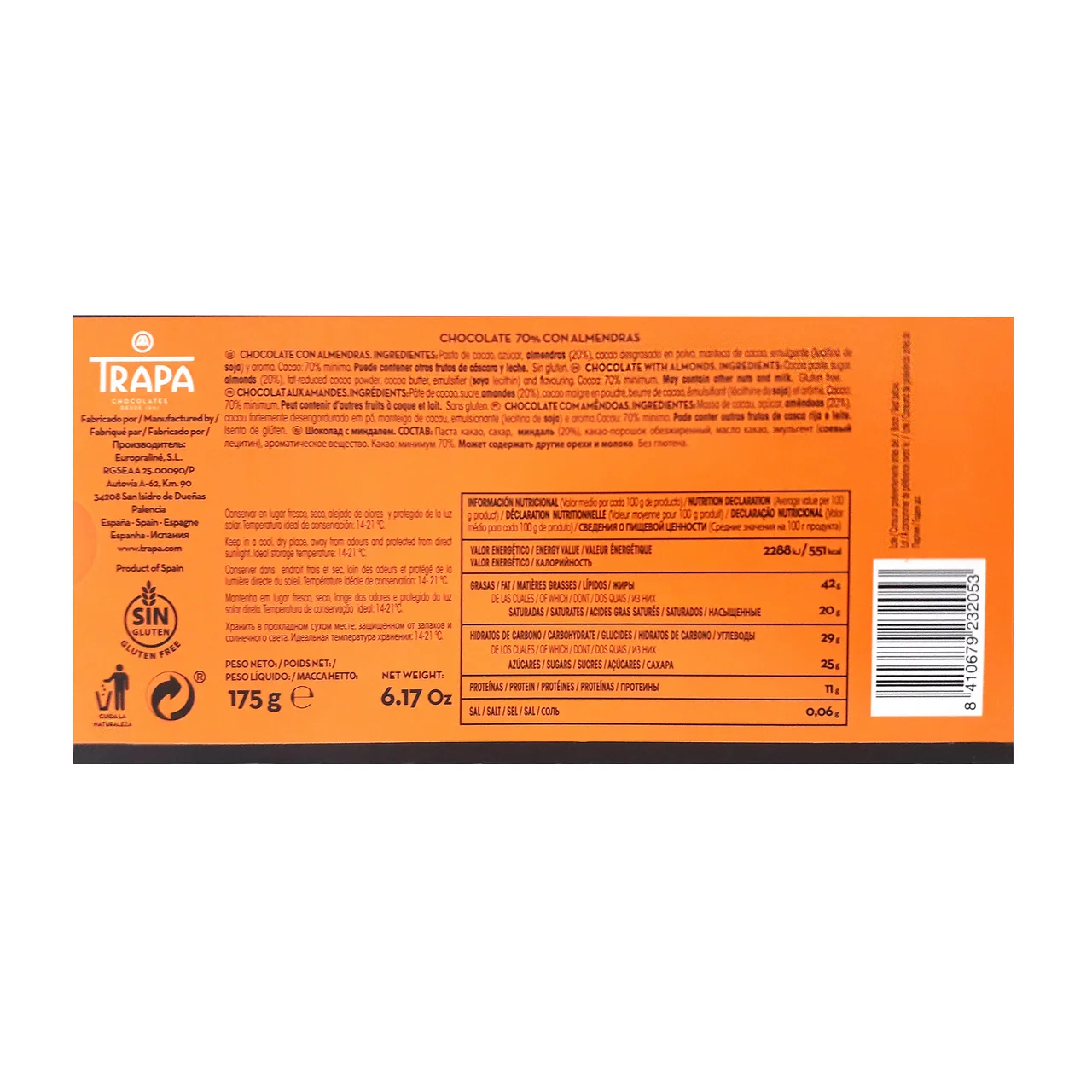Chocolate negro (70 % cacao) con almendras 175 g.