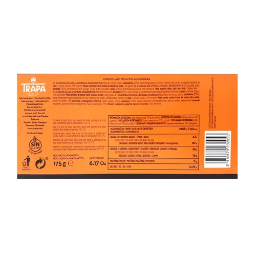TRAPA Chocolate negro (70 % cacao) con almendras 175 g.