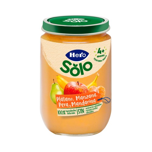 HERO Solo Tarrito de frutas de textura suave (plátano, manzana, pera y mandarina), a partir de 4 meses 190 g.