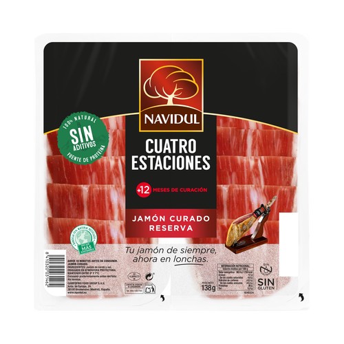 Jamón curado en Extremadura, cortado en medias lonchas y elaborado sin gluten y sin lactosa NAVIDUL 2 x 69 g.
