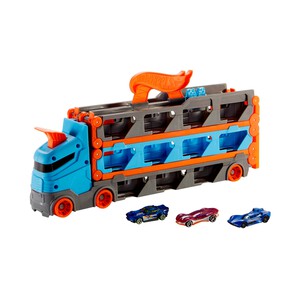 Imagen de Camión de transporte convertible en pista para coches de juguete, almacena 20 vehículos, incluye 3 die-casts, HOT WHEELS MATTEL GVG37.