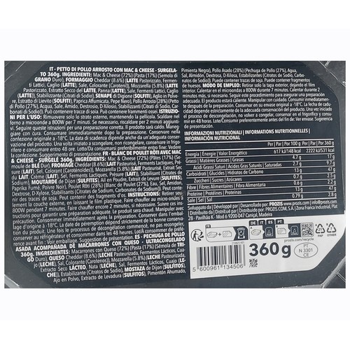 PROZIS Pechuga de pollo asada con macarrones con queso high protein 360 g.