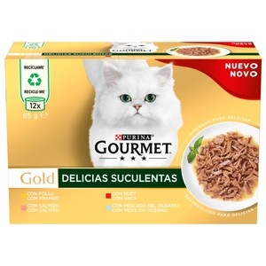 Imagen de PURINA Gourmet gold delicias suculentas Alimento húmedo para gatos con pollo (3), buey (3), salmón (3) y pescado del océano (3) 12 x 85 g-