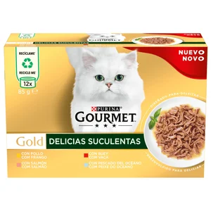 PURINA Gourmet gold delicias suculentas Alimento húmedo para gatos con pollo (3), buey (3), salmón (3) y pescado del océano (3) 12 x 85 g-