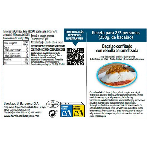 EL BARQUERO Lomos de bacalao desalado de pesca sostenible certificada (MSC) 350 g.