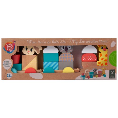 Tren de madera Leo de 30cm con piezas apilables de madera FSC, ONE TWO FUN ALCAMPO.