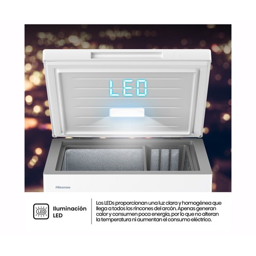 Congelador horizontal HISENSE FT145N1AWDL, clasificación energética: D, H: 85,8cm, A: 60,6cm, F: 55,9cm, capacidad total: 141L.
