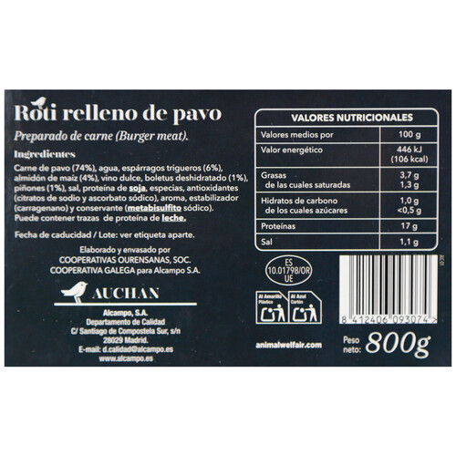 AUCHAN COLLECTION Roti de pavo relleno con espárragos trigueros, boletus y piñones 800 g.