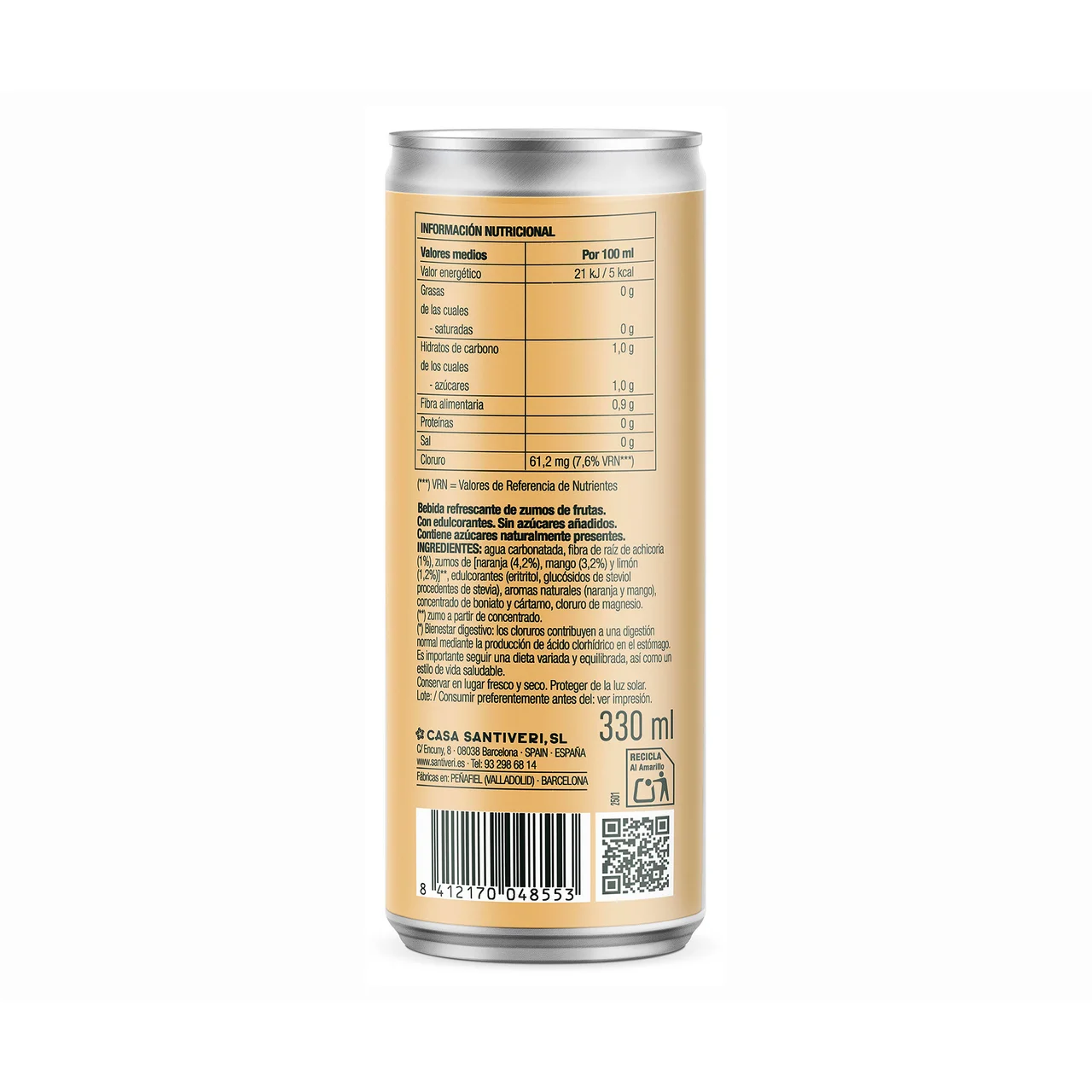 Refresco de naranja y mango lata 330 ml.