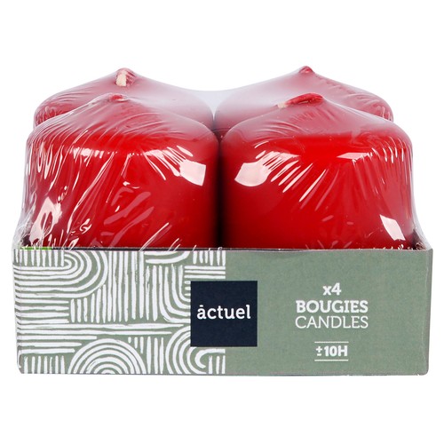 Set de 4 velas mini sin perfume, color rojo, ACTUEL.