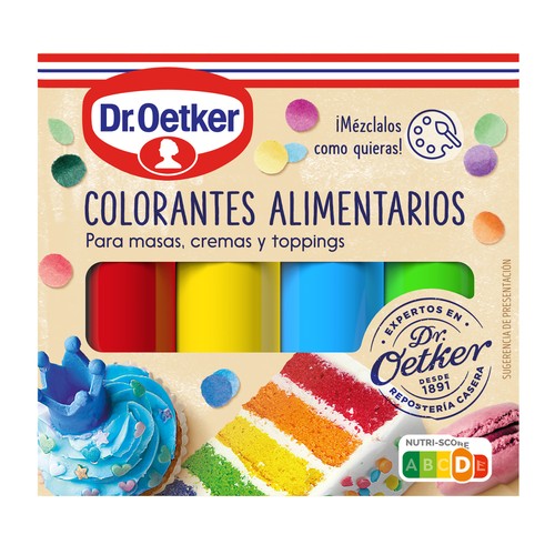 DR. OETKER Colorantes alimentarios, 4 colores pastel en gel 40 g.