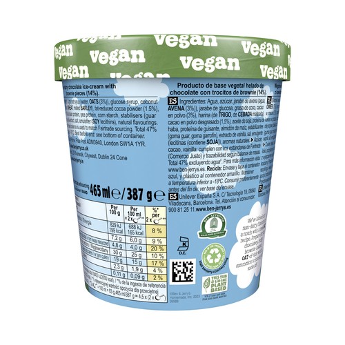 BEN & JERRY"S Fudge browne Tarrina de helado vegano de chocolate con trozos de brownie de chocolate 465 ml