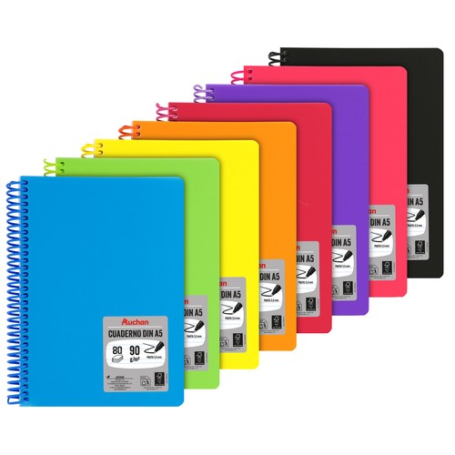 Cuaderno A5 polipropileno 80h 90gr, pauta 3,5 espiral surtido. AUCHAN