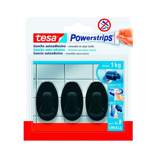 Pack de 3 ganchos ovalados, color negro, TESA.