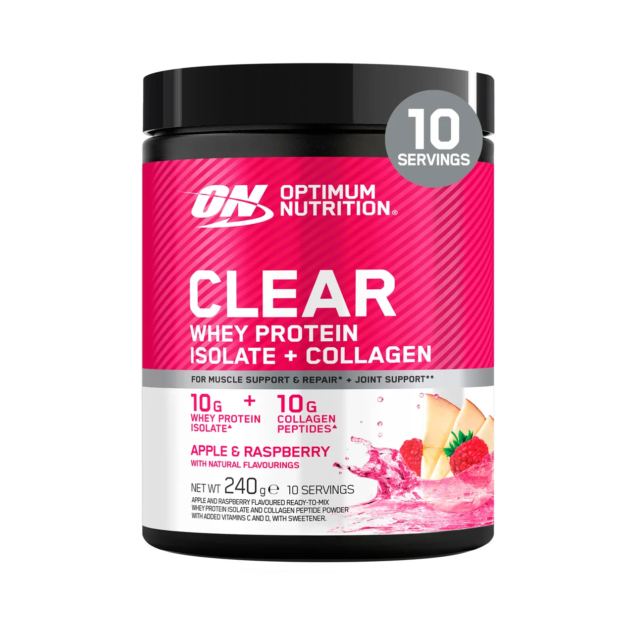 Clear Whey polvo con proteínas y colágeno sabor manzana y frambuesa 240 gr