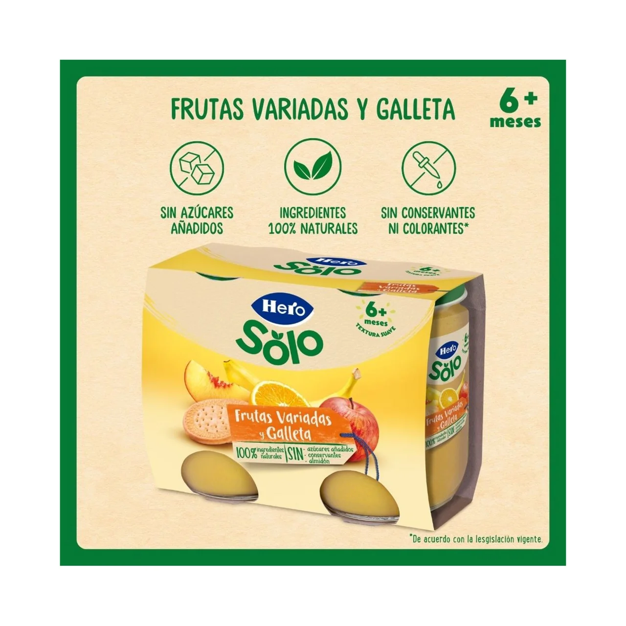 Solo Tarrito de frutas variadas (plátano, melocotón, manzana y naranja) con galleta, a partir de 6 meses 2 x 190 g.