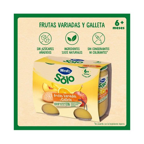 HERO Solo Tarrito de frutas variadas (plátano, melocotón, manzana y naranja) con galleta, a partir de 6 meses 2 x 190 g.