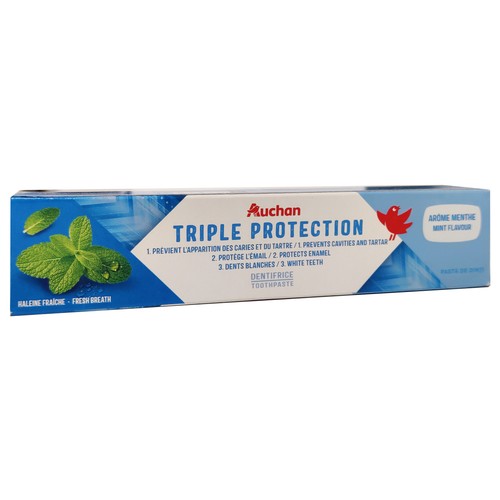 Pasta de dientes con sabor a menta y tripel protección (anti caries, anti placa y aliento fresco) AUCHAN Triple protection 75 ml.