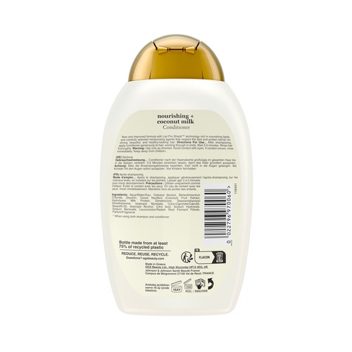 OGX Acondicionador hidratante con leche y aceite de coco y proteína de leche hidrolizada, para cabellos secos 385 ml.