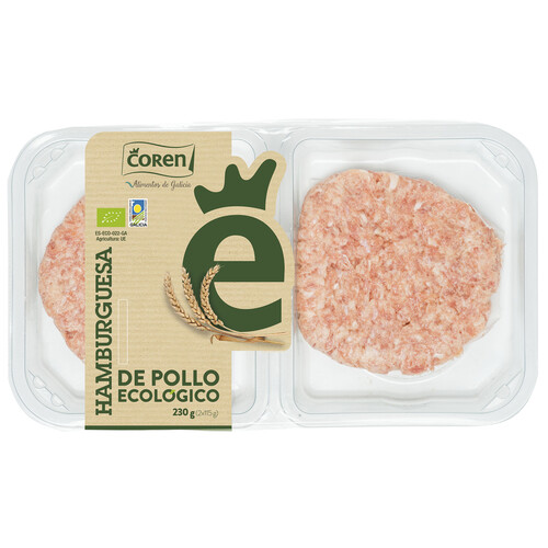 Bandeja con hamburguesa de pollo de procendencia ecológica COREN 2 x 115 g.