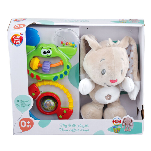 Set de 3 juguetes Leo para bebés, incluye sonajero, mordedor y peluche, ONE TWO FUN ALCAMPO.