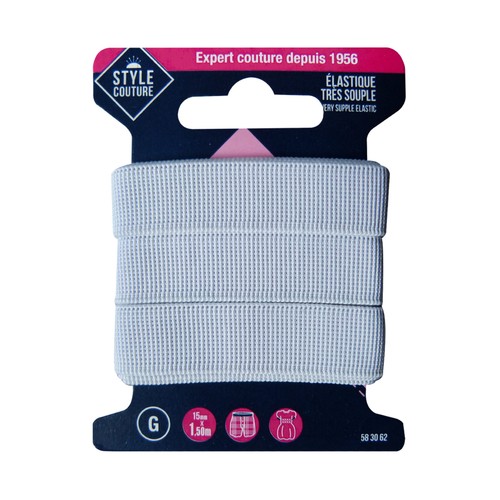 Cinta blanca, elástico-flexible, 15mm x 1,5m, STYLE.