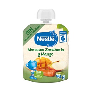 NESTLÉ Bolsita de fruta (mango, manzana) con zanahoria, para bebés a partir de 6 meses 90 g.
