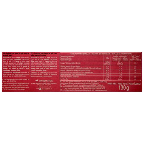 PRODUCTO ALCAMPO Galletas de bayas de goji y grosellas negras fabricadas con menos azúcares 130 g.