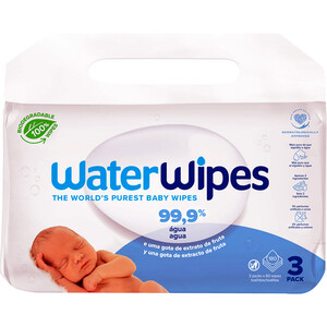Imagen de WATERWIPES Toallitas humedas para bebe con un 99.9% de agua y una gota de extracto de fruta 3 x 60 uds.