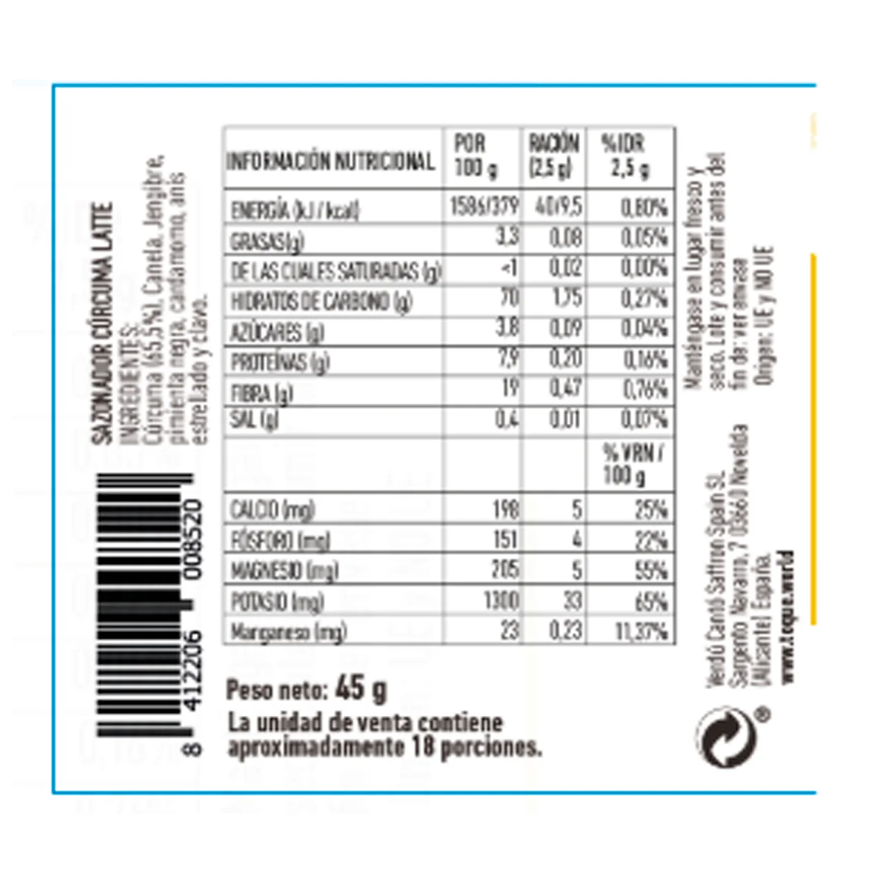 Sazonador para bebidas cúrcuma latte 45gr