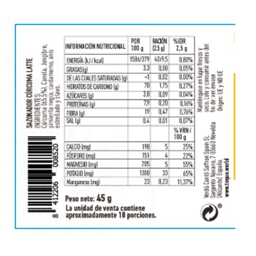 TOQUE Sazonador para bebidas cúrcuma latte 45gr
