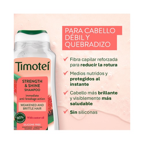 TIMOTEI Champú fuerza y brillo con coco y ricino, sin siliconas 300 ml.
