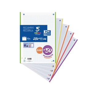 Imagen de Recambio de 250 hojas A4 cuadrícula 5x5 y 4 taladros, OXFORD.