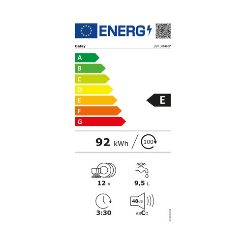 Lavavajillas integrable BALAY 3VF304NP, color blanco, capacidad: 12 servicios, clasificación energética: E, H: 81,5cm, A: 59,8cm, F: 55cm.