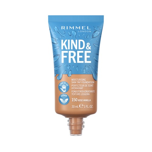 RIMMEL  Kind & free Tono 150 Rose Vainilla Base de maquillaje hidratante para un acabado radiante y saludable, 30 ml.