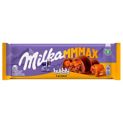 MILKA Chocolate bubbly con leche y relleno líquido de caramelo 250 g.