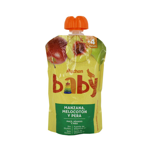 ALCAMPO BABY Bolsita de fruta (manzana, melocotón y pera), a partir de 4 meses ALCAMPO BABY 120 g.